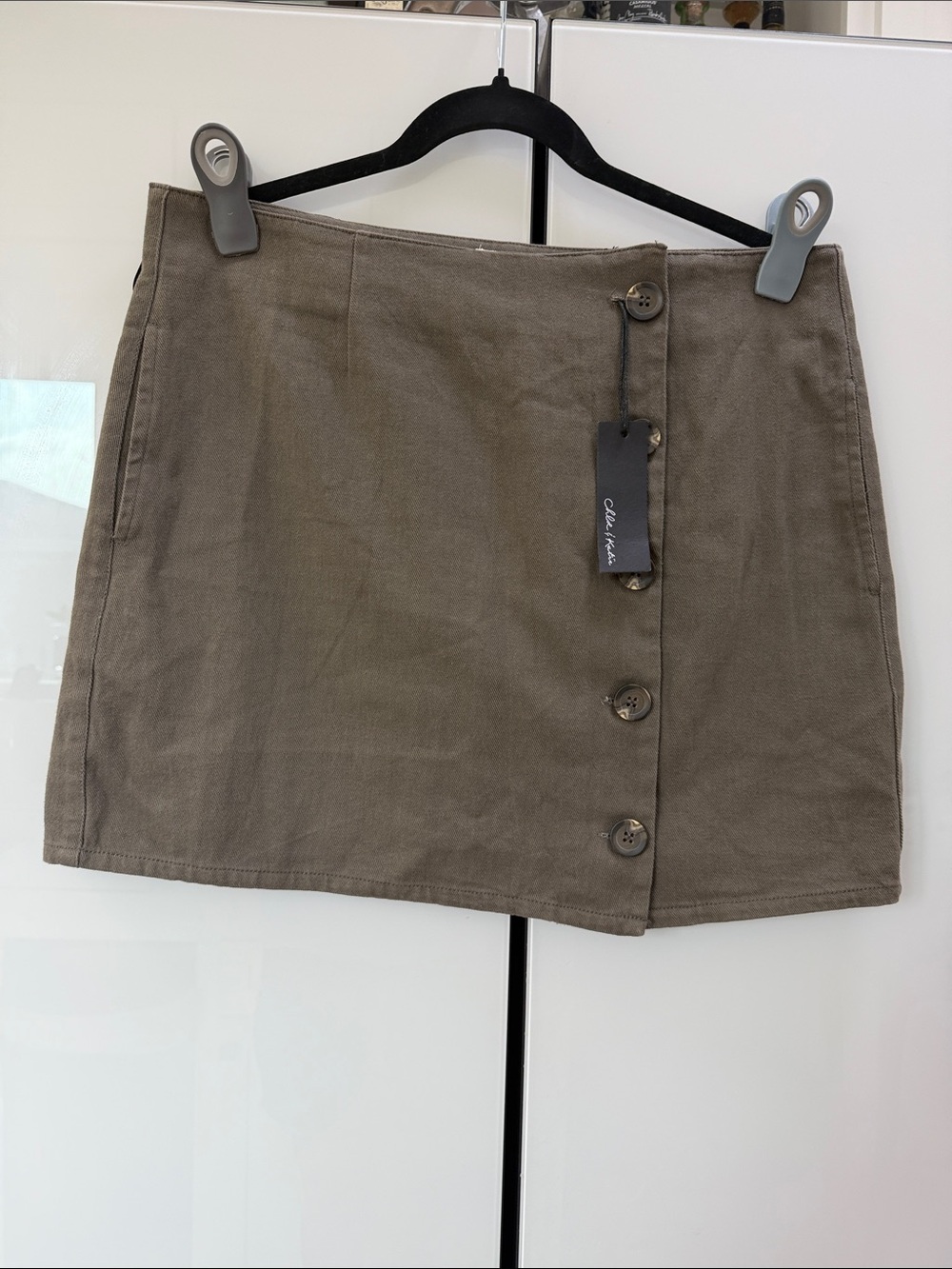 Chloe & Katie Olive Button-Snap Mini Skirt
